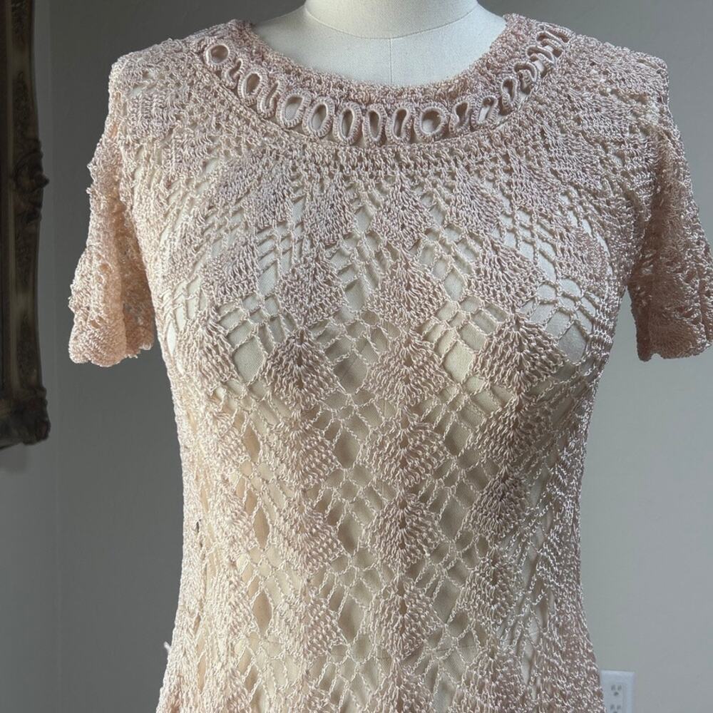 Vtg Sheer Crochet Lace Romantic Fairy Festival Layer Jagged Hem Dress Cream S - Picture 4 of 15